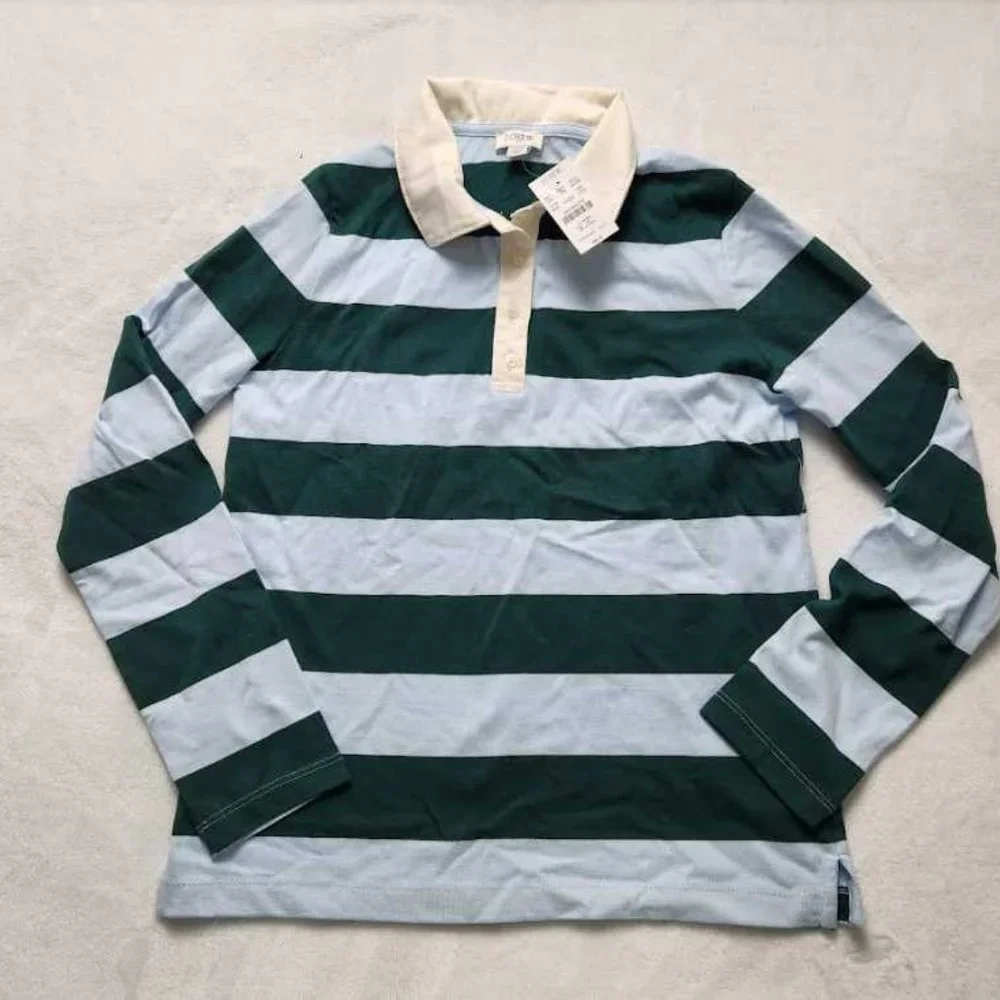 New women's  J Crew Factory long sleeve rugby stripe polo shirt blue green - Picture 4 of 10
